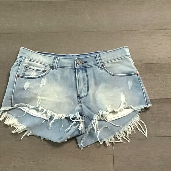 Denim Collab Distressed Light Blue Denim Shorts - Picture 1 of 3